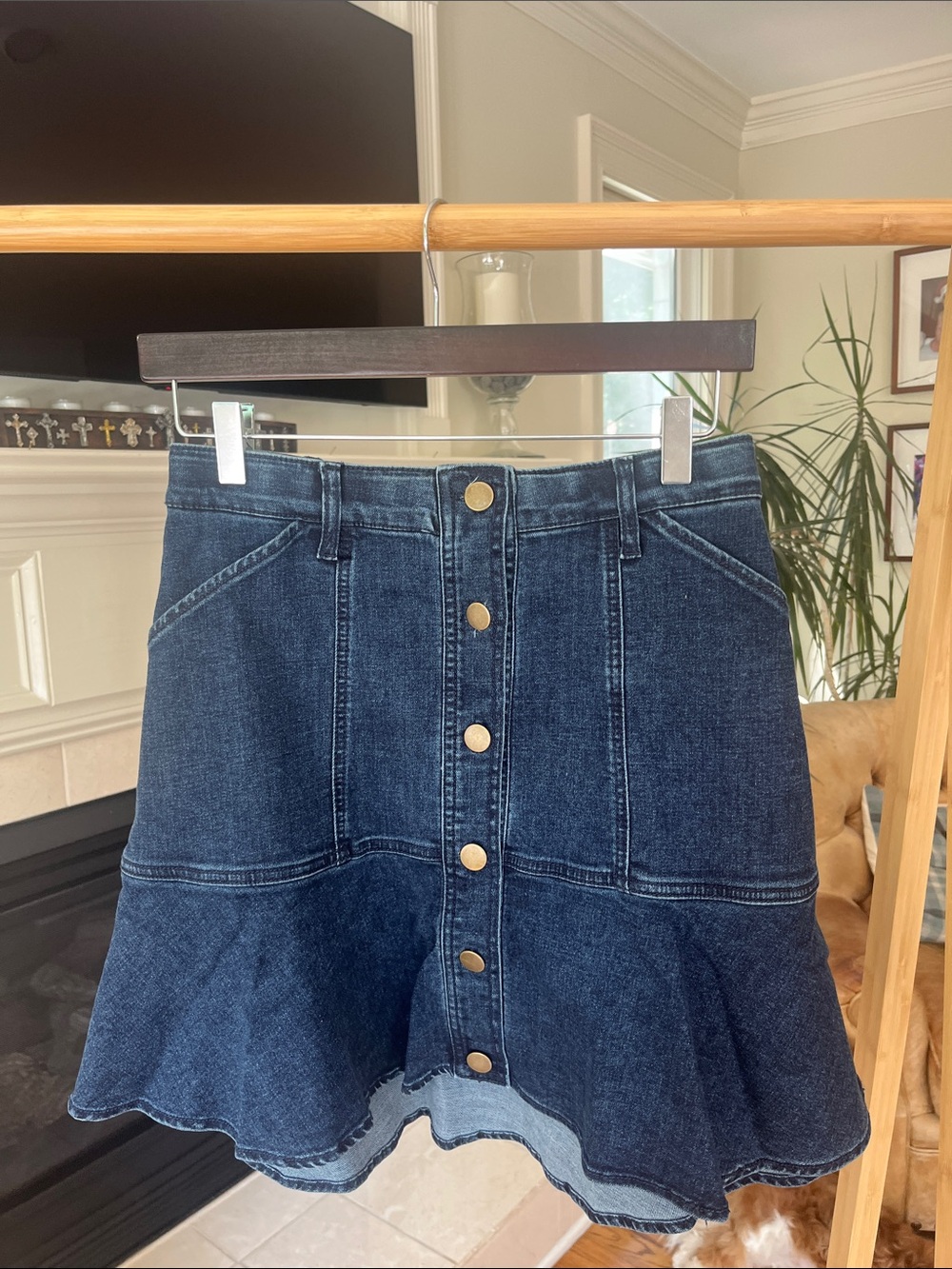 Draper James Dark Blue Denim Button-Front Ruffle Hem Skirt